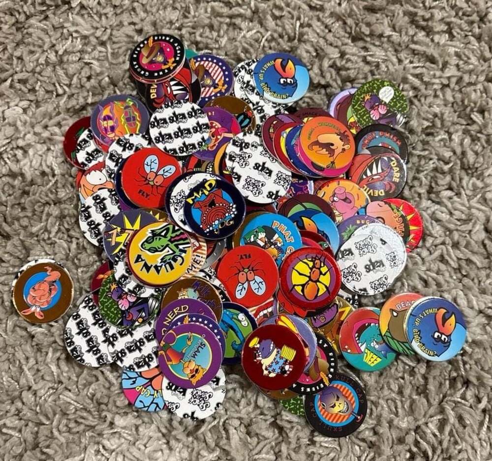 170+ Vintage 1990s POG Game Milk Caps , with original game tube